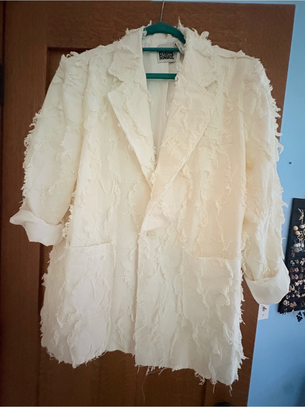 CRAZY 90โs Cream Textured Fringe Cotton Blazer Jacket Medium